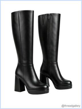 Square Toe Knee High Platform Boots Chunky Block Heel Side Zip PU